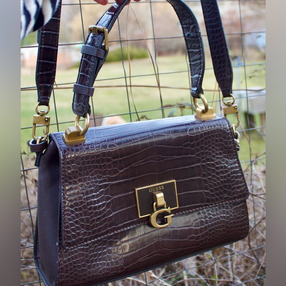 Guess Brown/Black Croc-Embossed Crossbody Bag with Gold Hardware - Picture 5 of 11